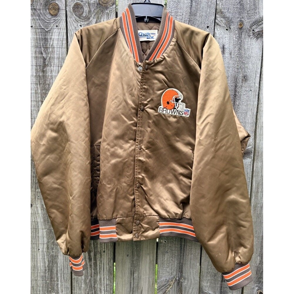 Vintage Cleveland Browns Chalk Line Satin Jacket XLarge Brown Button Snap 1980s